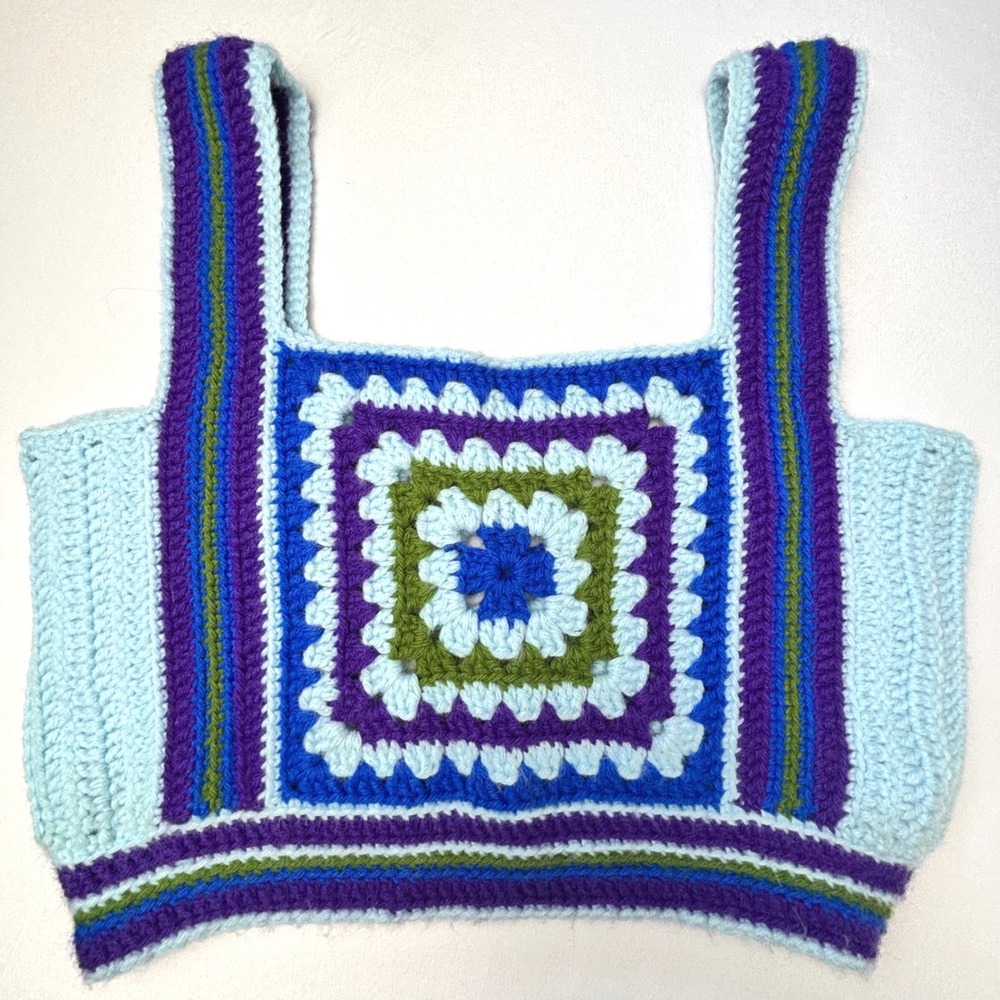 Handmade Crochet Granny Square Crop Top Blue Purple Green Boho Festival Tank
